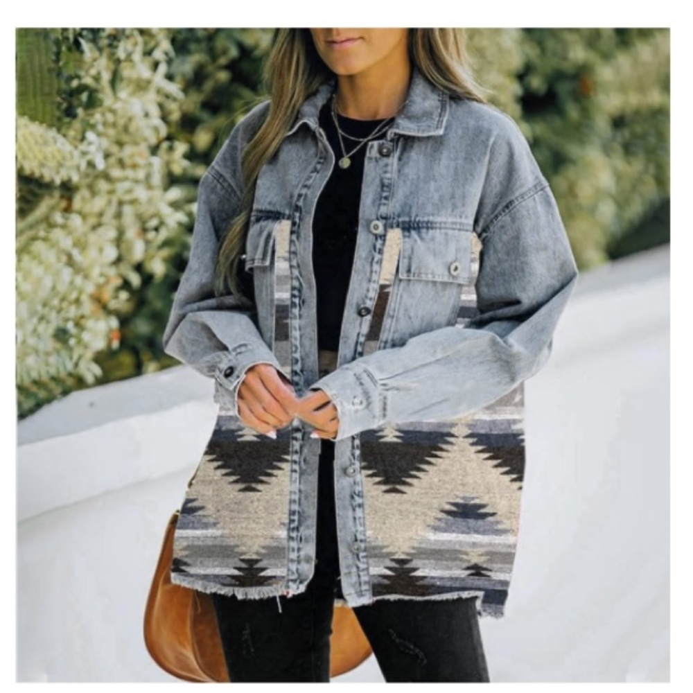 Aztec Design Distressed Denim Jacket - Picture 4 of 14